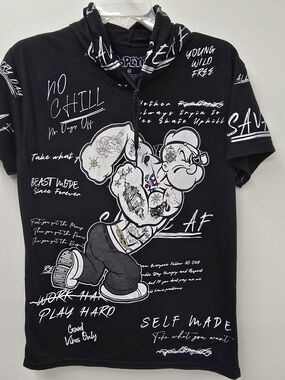 Black Graphic Short-Sleeve Hoodie Tee - Tattoo Popeye Print